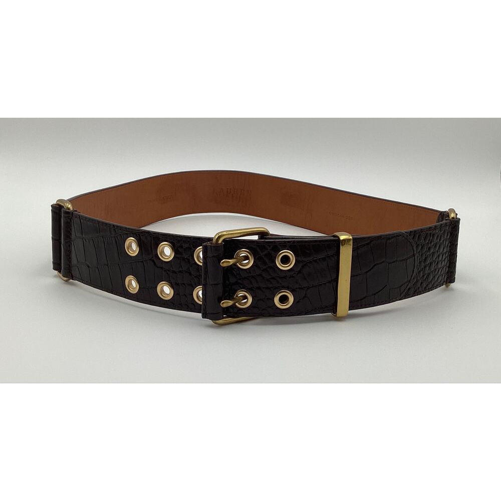 Ralph Lauren belt wide, croc-embossed leather gold-tone double-prong hardware M - Picture 2 of 9